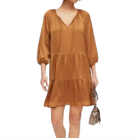 Banana Republic Satin Tiered Swing Boho Dress Caramel Copper Women's Size Small - Picture 2 of 7